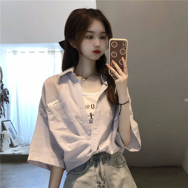 短袖衬衫女设计感复古衬衣夏季2021新款泫雅风法式小众短款上衣服