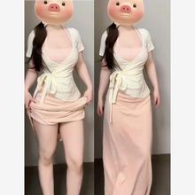 微胖甜妹风挂脖吊带连衣裙子女夏季外搭短袖开衫收腰长裙两件套装