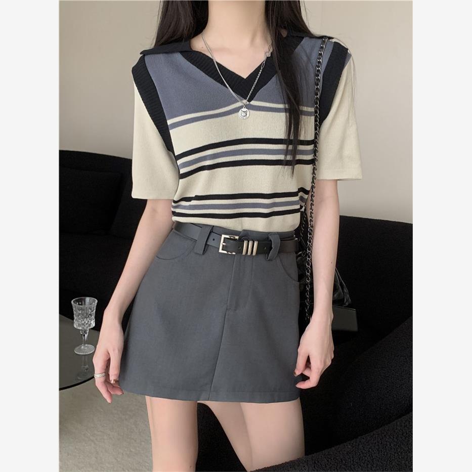 套装女学院风polo衫假两件上衣百搭西装半身裙夏季新款显瘦两件套