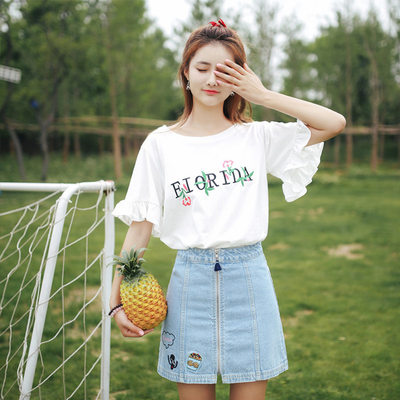 刺绣2024夏季新款韩版女装喇叭袖短袖T恤女士学生上衣潮一件代发