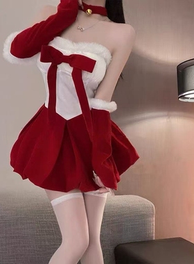 圣诞节氛围感穿搭纯欲可爱圣诞新年抹胸连衣裙红色兔女郎cos制服