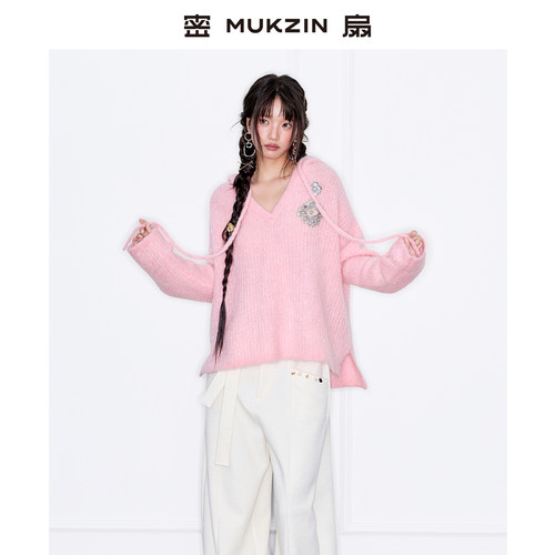 密扇秋季新款粉色套头针织衫