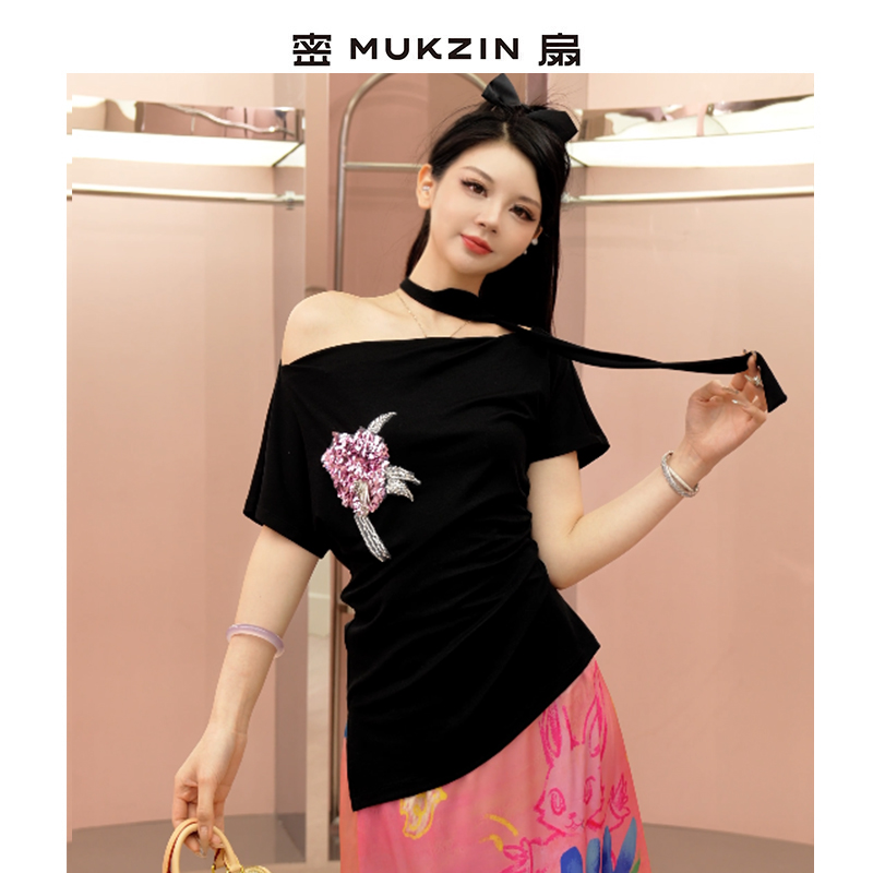 密扇2025秋季新款胶囊系列【瑰夏】时尚甜美斜肩打底衫女