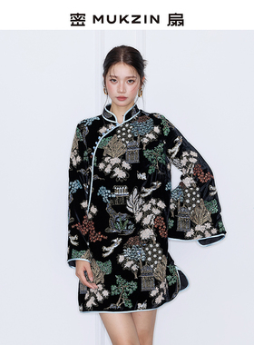 密扇2025冬季新款「牡丹亭」夜宴金丝立体刺绣国风新中式改良旗袍