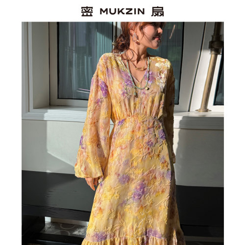 国风新中式复古印花桑蚕丝连衣裙