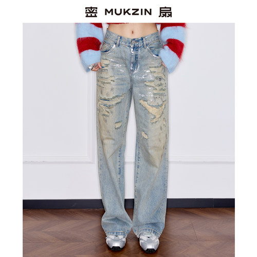 设计感做旧复古宽松牛仔裤