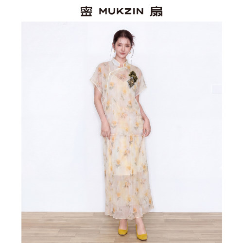 国风碎花黄色亚麻小上衣套装