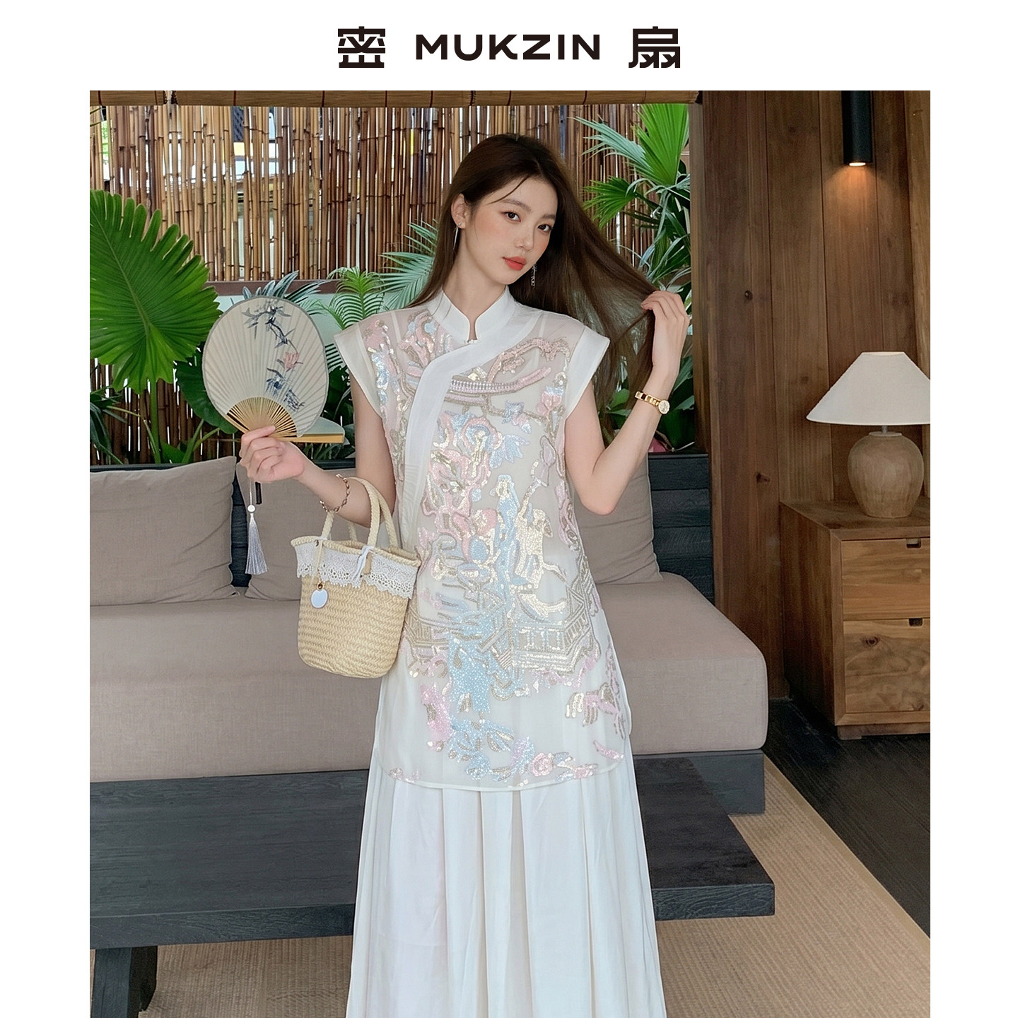 密扇密扇2026年夏季新款「牡丹亭]新中式刺绣白色改良旗袍连衣裙G