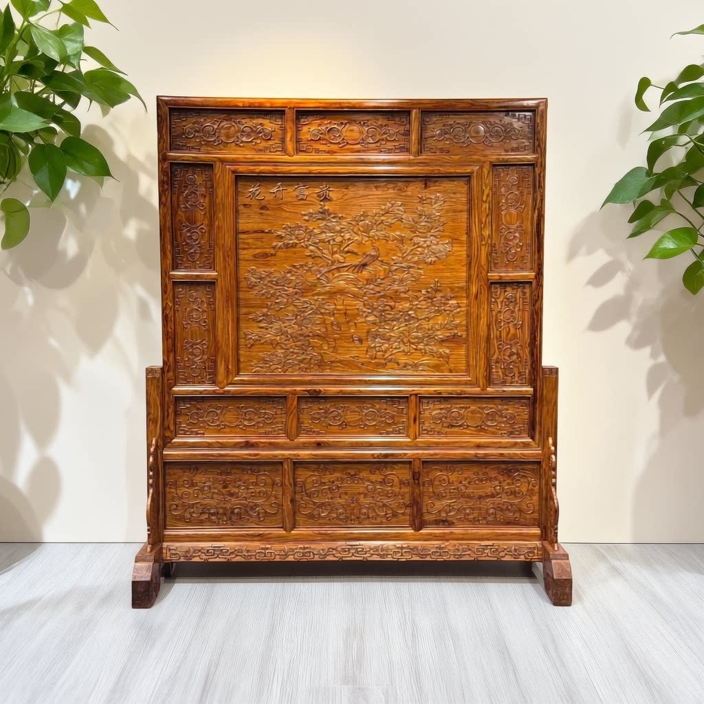 海南黄花梨花开富贵屏风红木家具