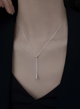 s999足银水滴项链女法式流苏冷淡风锁骨链极简Y字可调节颈链礼物