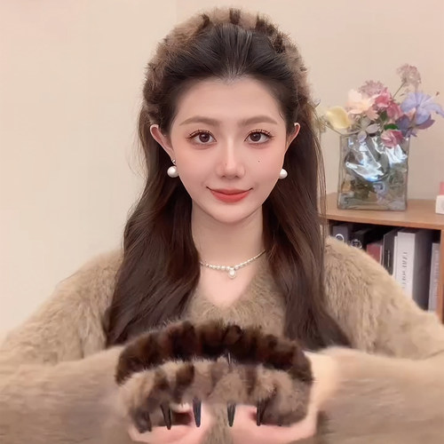 秋冬豹纹毛绒发箍女洗脸日常外戴