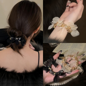 轻奢风高级感欧根纱串珠发圈低丸子头绳扎头发马尾高弹力耐用发绳