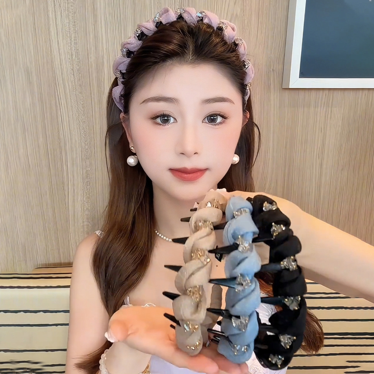 水晶高级感轻奢串珠网纱发箍2025新款高颅顶带齿防滑头箍发卡头饰