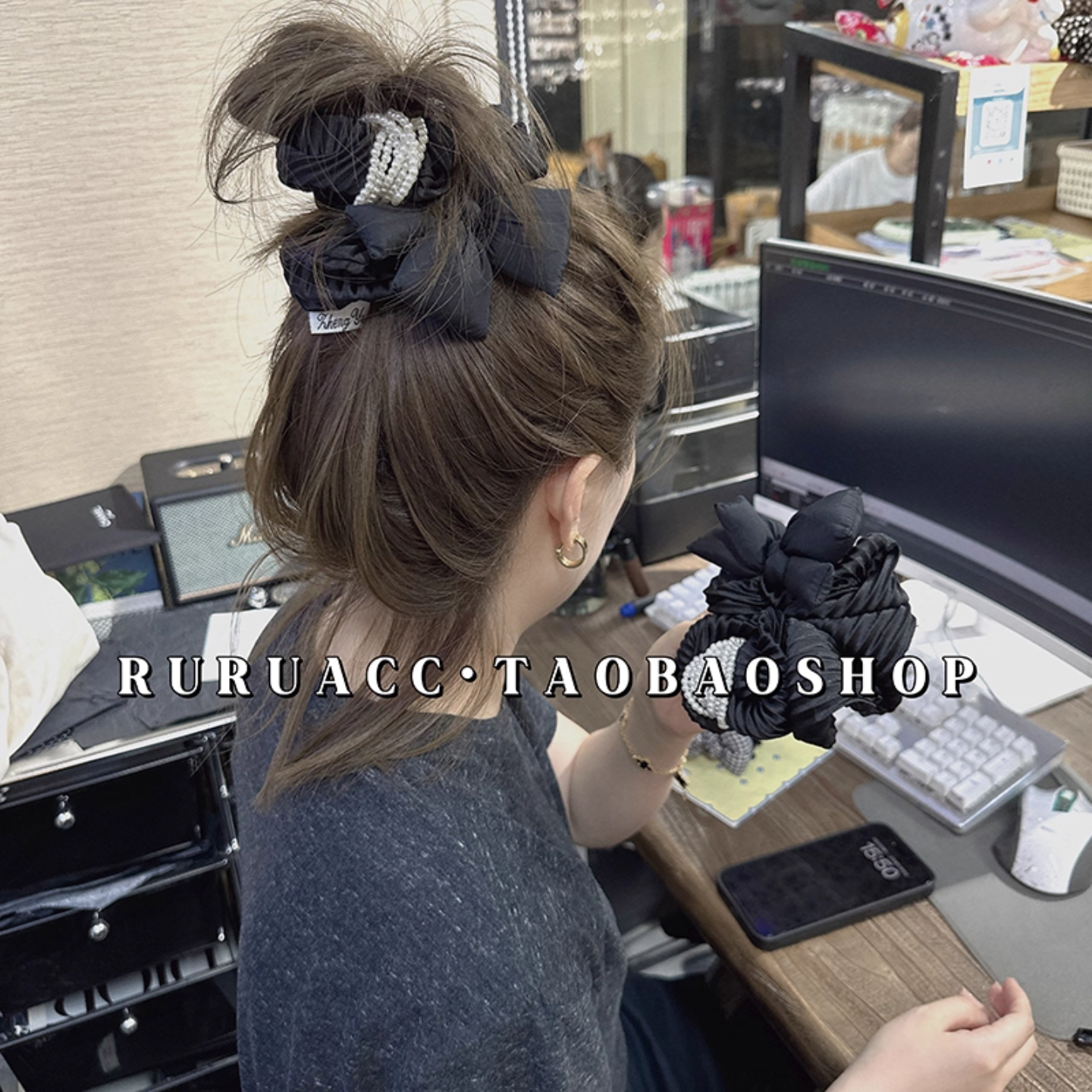 风琴褶黑色充绵立体蝴蝶结大肠圈