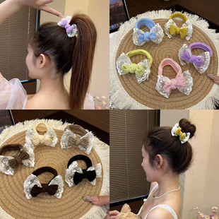 夏季 扎高马尾丸子头发圈蕾丝蝴蝶结头绳高弹力耐用扎头发橡皮筋女