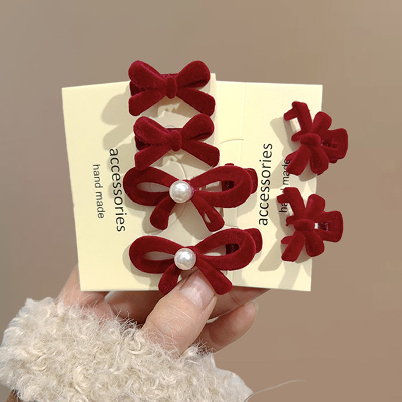 新年头饰红色丝绒蝴蝶结儿童发夹边夹侧边头发小夹子抓夹发卡发饰