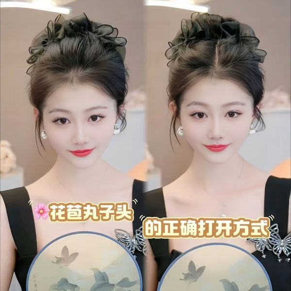 花苞蓬松丸子头蝴蝶结抓夹发饰