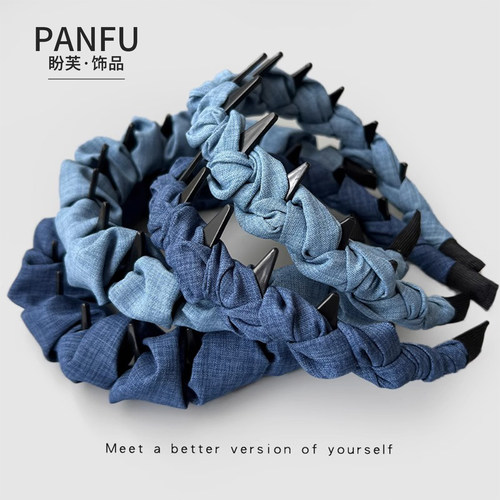 夏天牛仔蓝云朵泡泡褶皱发箍女款