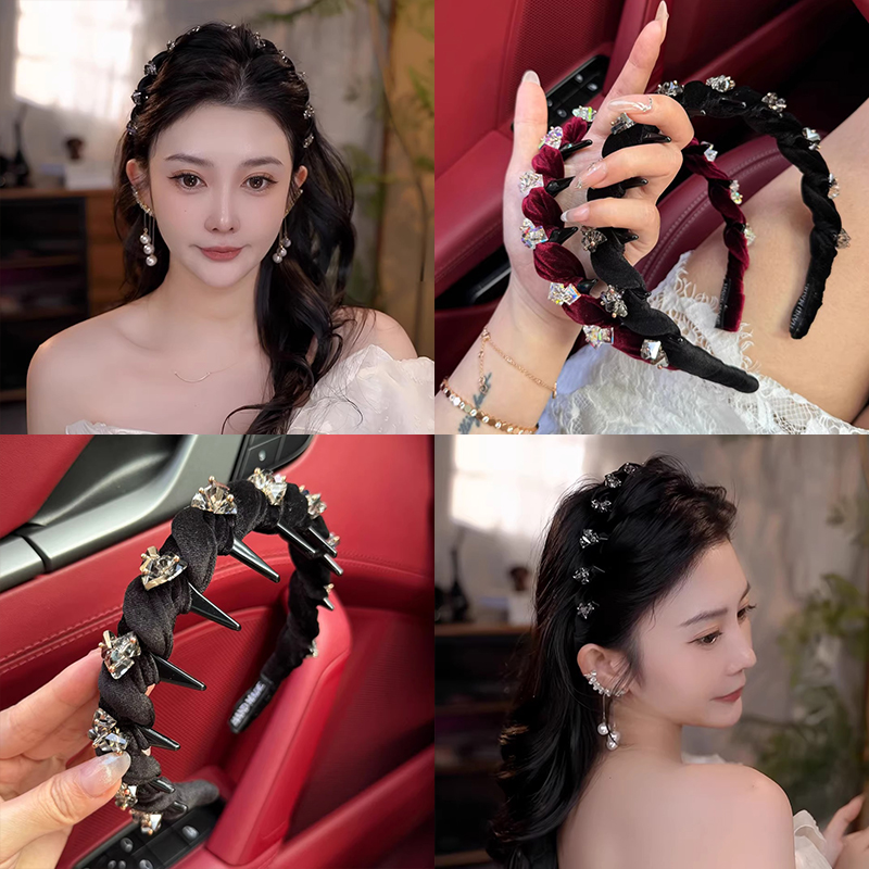 秋冬红色丝绒水钻高级感波浪发箍