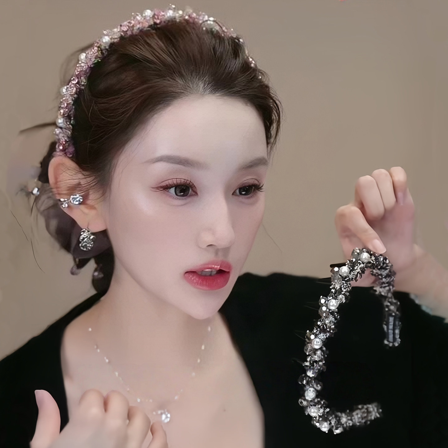 小香风亮钻重工轻奢高级感发箍女图片