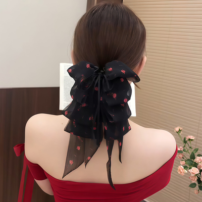 夏天碎花飘带蝴蝶结后脑勺抓夹女