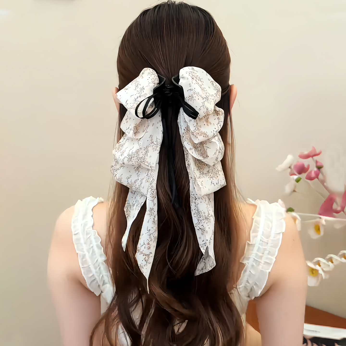 半扎发碎花蝴蝶结马尾夹抓夹头饰