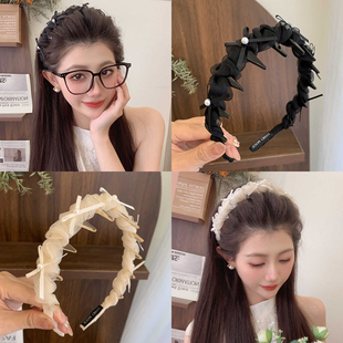 珍珠蝴蝶结褶皱齿梳发箍2025新款 头箍发卡头饰 日常外戴高颅顶女款