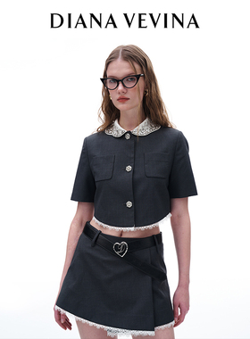 DIANA VEVINA高级感灰色套装女两件套钻领蕾丝边短款上衣半裙23SS