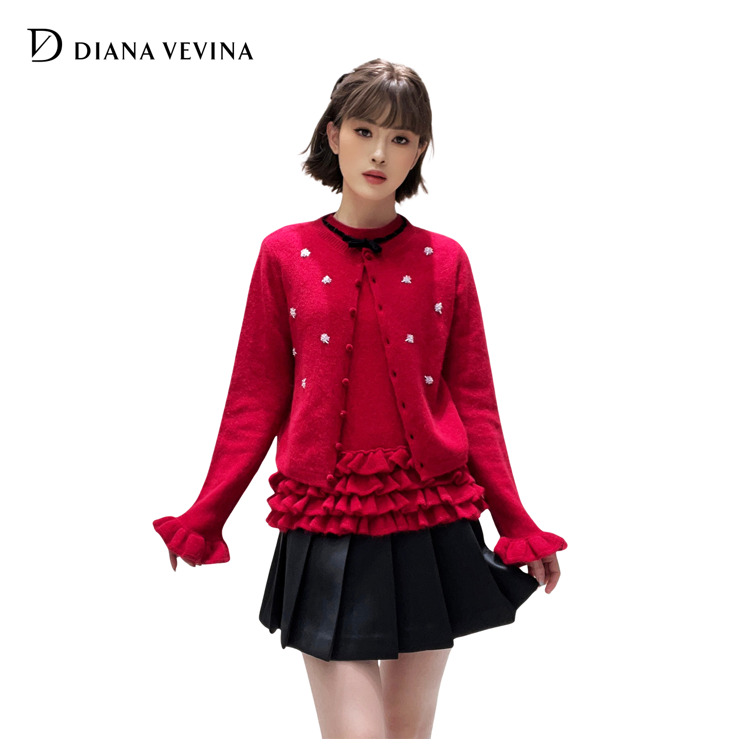 DIANAVEVINA2025冬季新款红色钉珠毛针织开衫无袖背心女针织套装