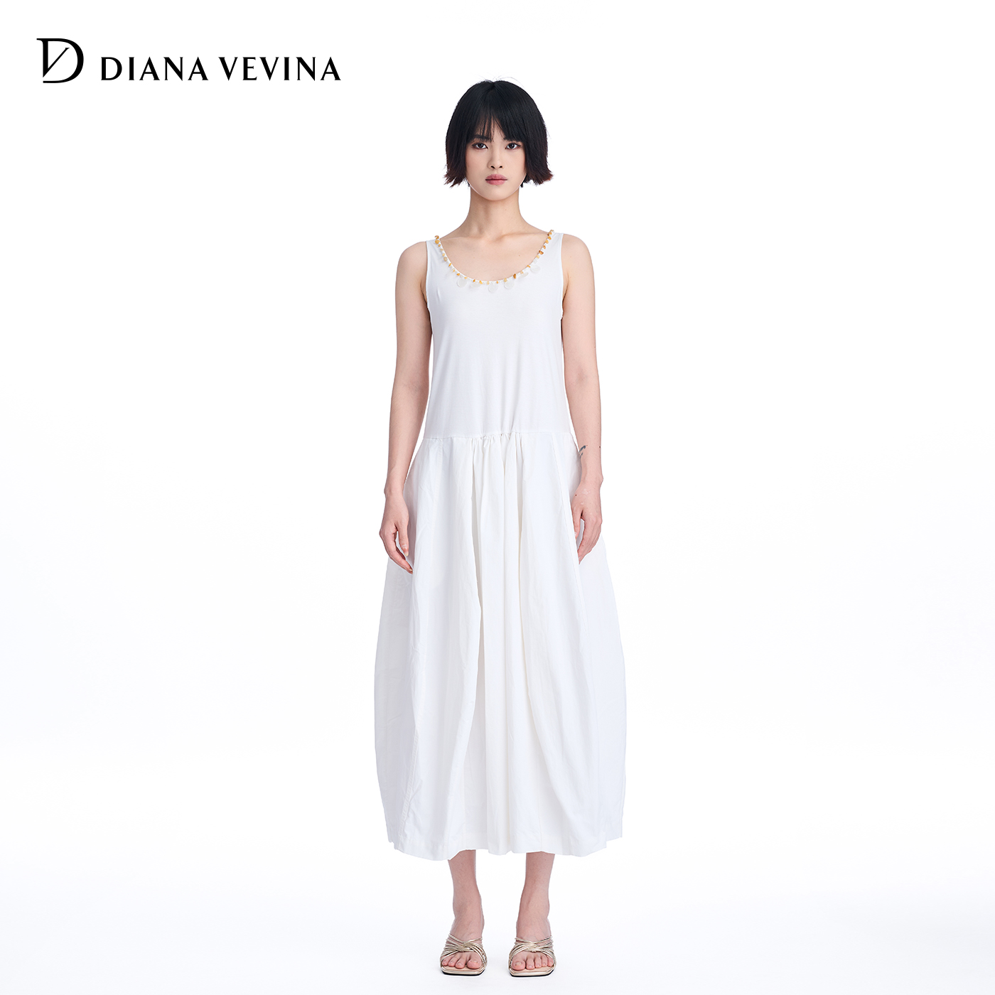 DIANAVEVINA25夏新款白色贝壳钉珠无袖背心连衣裙简约修身女长裙