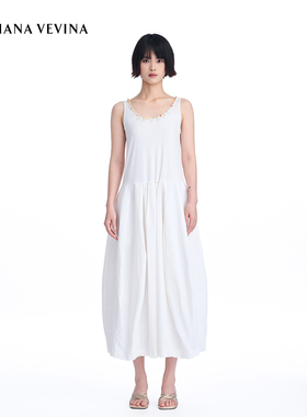 DIANAVEVINA夏新款白色贝壳钉珠无袖背心连衣裙简约修身女长裙