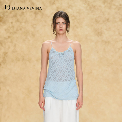【马苏同款】DIANAVEVINA 26夏新款抽褶领镂空挂脖女针织吊带背心
