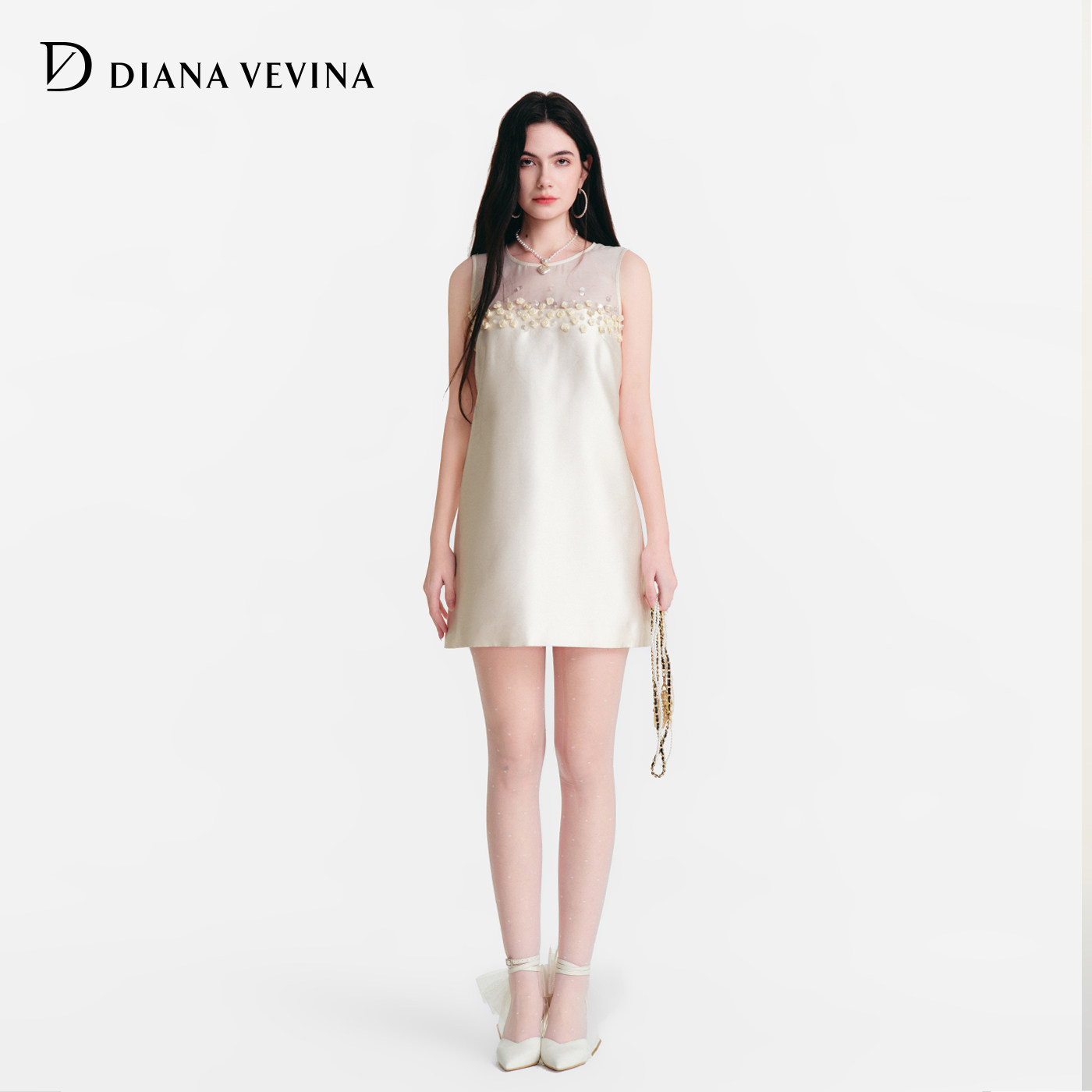 DIANAVEVINA2026夏季新款立体钉珠花朵无袖连衣裙女拼接小礼服裙