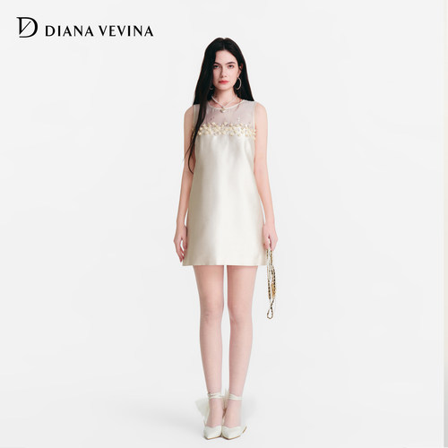 DIANAVEVINA2026夏季新款立体钉珠花朵无袖连衣裙女拼接小礼服裙