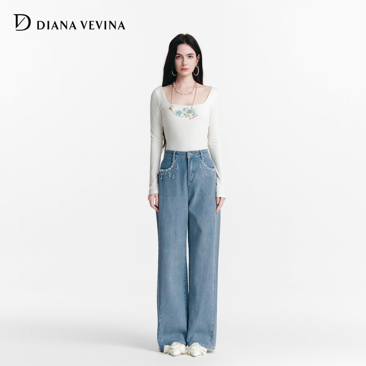 DIANAVEVINA冬新款钉珠方领针织长袖T恤女高腰宽松直筒牛仔裤,女装/女士精品,时尚套装,淘宝优惠券,粉丝福利购,淘宝优惠卷