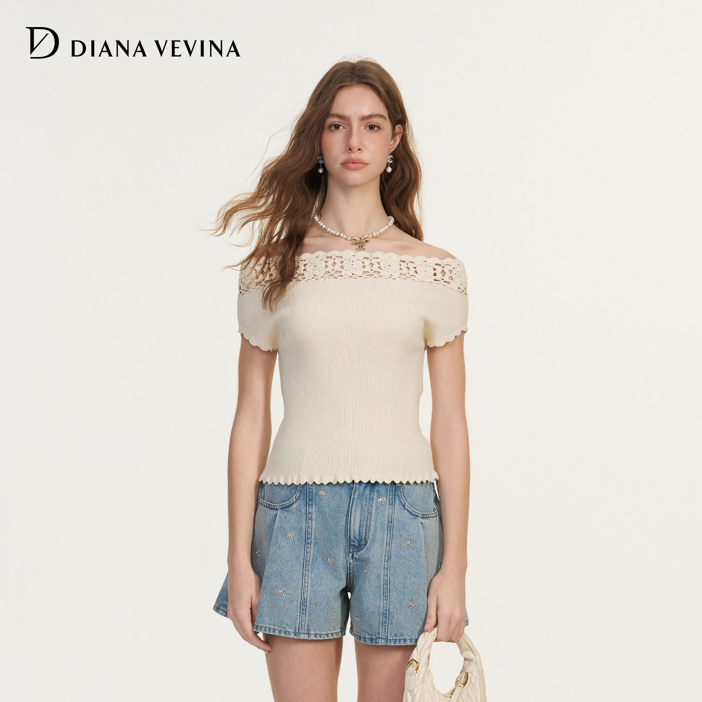 DIANAVEVINA2026夏季新款一字肩女短修身钩花毛针织衫短袖上衣