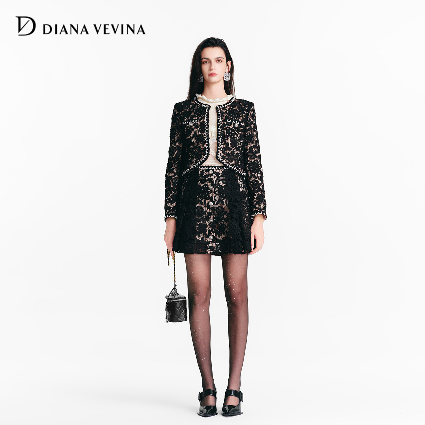 DIANAVEVINA2026春季新款小香风黑色蕾丝女短外套A字半裙时尚套装