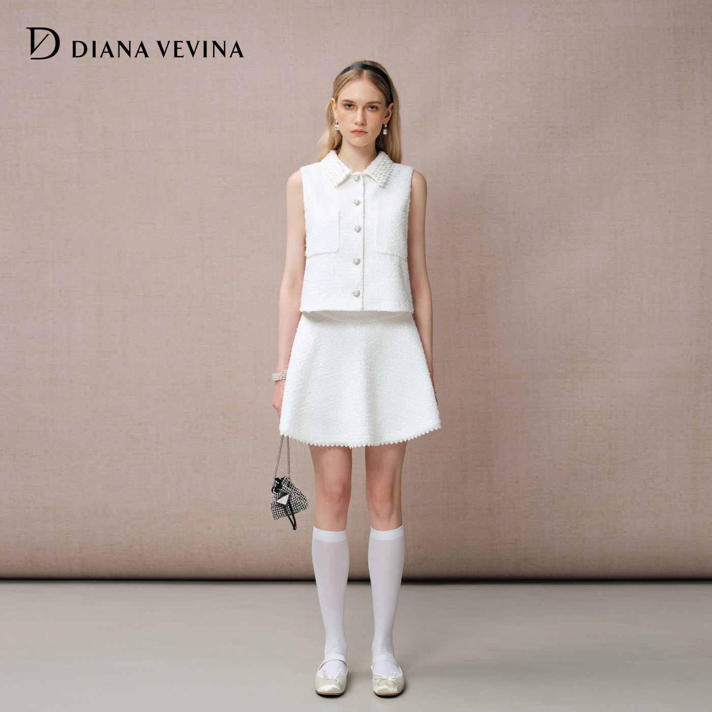 DIANAVEVINA2026夏季新款小香风蕾丝领肌理感无袖马甲背心短腰裙