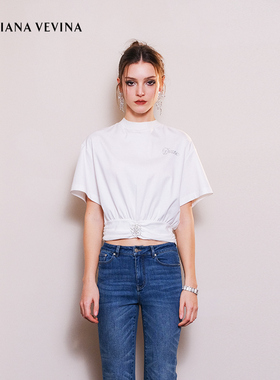 DIANA VEVINA 腰间抽褶收腰烫钻T恤舒显瘦修饰腰身春夏新款短袖