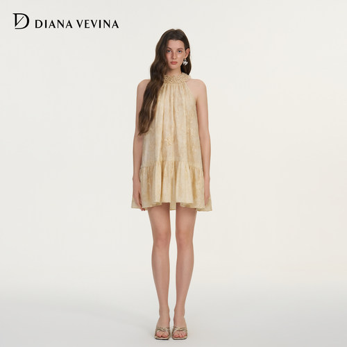 DIANAVEVINA2026夏季新款木耳边蕾丝晕染挂脖无袖A字修身连衣裙