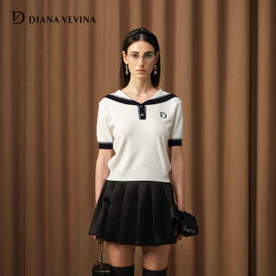 针织衫 VEVINA海军领Polo短袖 关晓彤同款 黑色百褶裙套装 DIANA