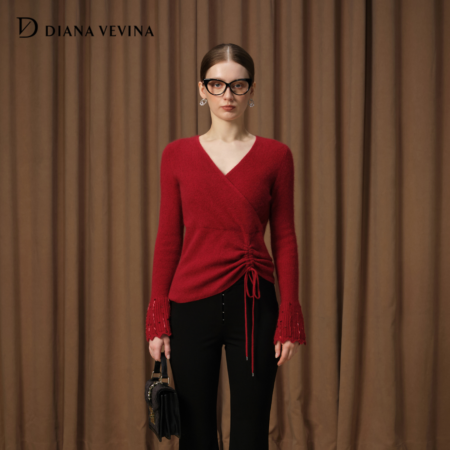 DIANAVEVINA2025冬季新款法式交叉V领抽绳喇叭袖针织衫女修身百搭