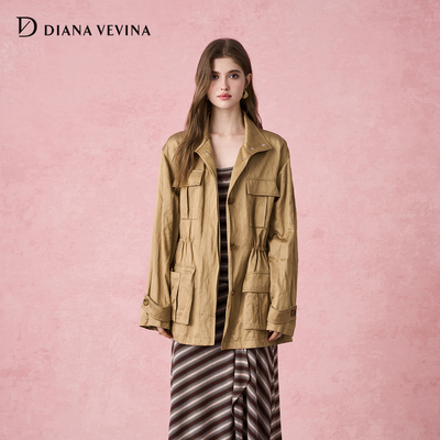 DIANAVEVINA 2025秋冬新品卡其色工装风衣女抽绳收腰显瘦简约外套