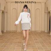 DIANA VEVINA粉色丝绒钉钻蝴蝶结纯白毛衣格纹花边半裙套装 23AW