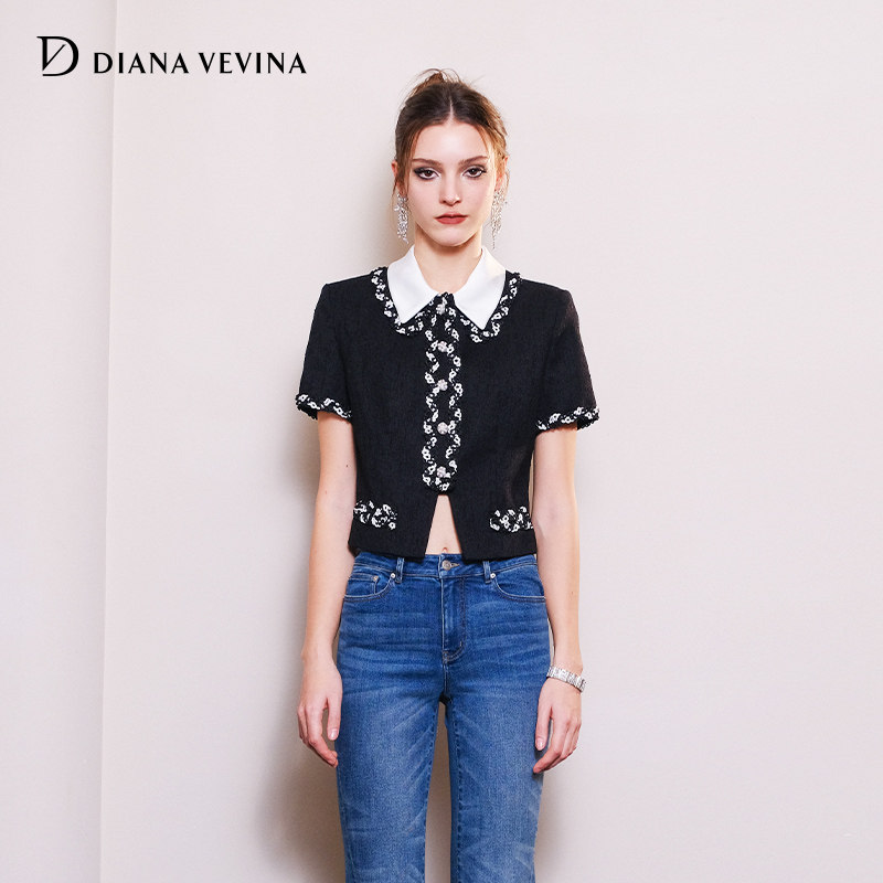 DIANA VEVINA小香风拼黑白织带短袖上衣复古宫廷感秋新款短袖