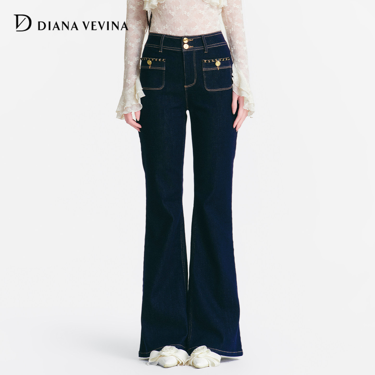 DIANAVEVINA2026秋季新款复古深蓝女高腰修身显瘦微喇叭牛仔长裤