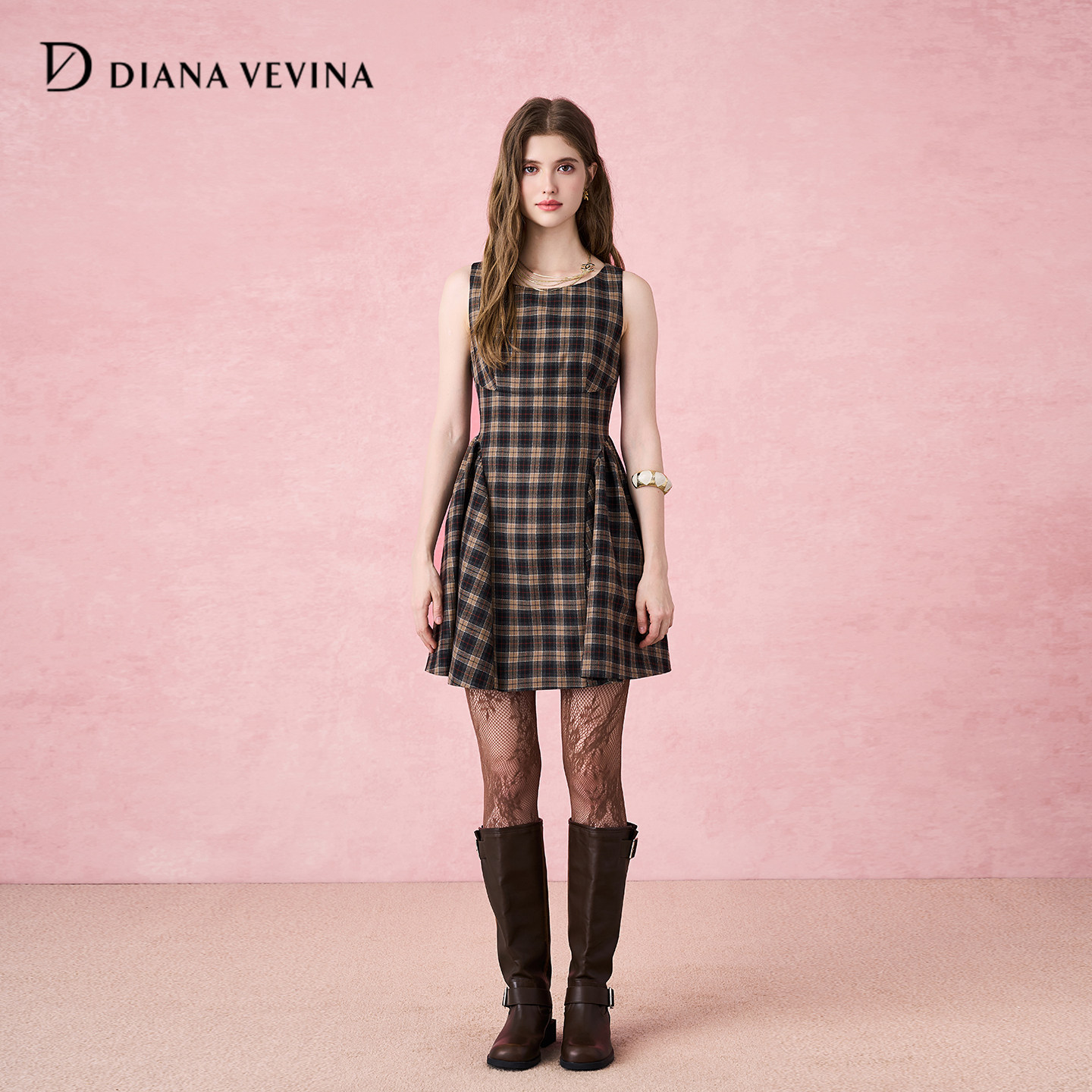 DIANAVEVINA秋冬新品格子背心连衣裙女收腰显瘦气质无袖复古