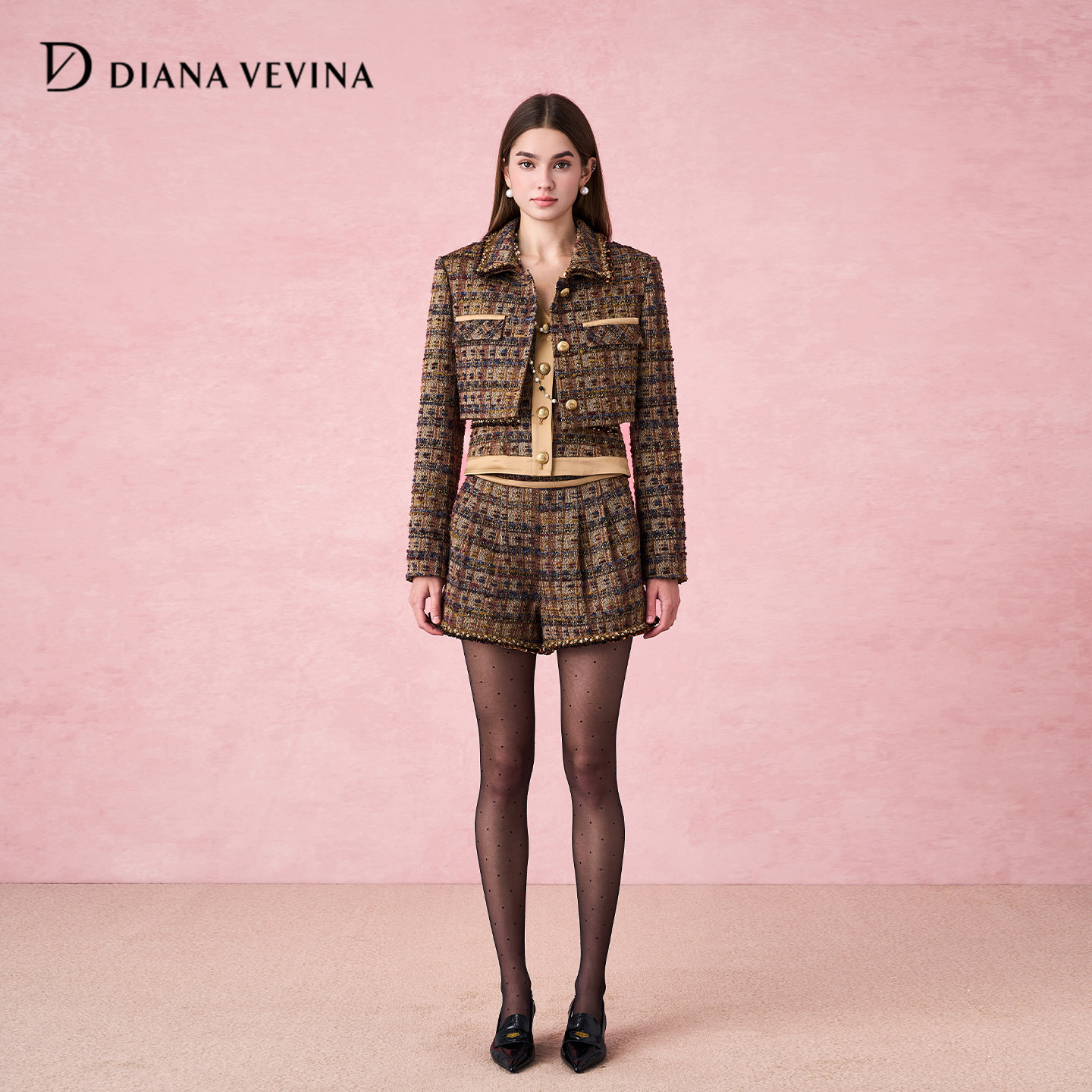 DIANAVEVINA秋季新款拼接醋酸小香风外套马甲短裤时尚套装女,女装/女士精品,时尚套装,淘宝优惠券,粉丝福利购,淘宝优惠卷