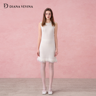 女绵羊毛连衣裙 钉珠流苏毛织背心裙无袖 DIANAVEVINA 2025秋冬新款