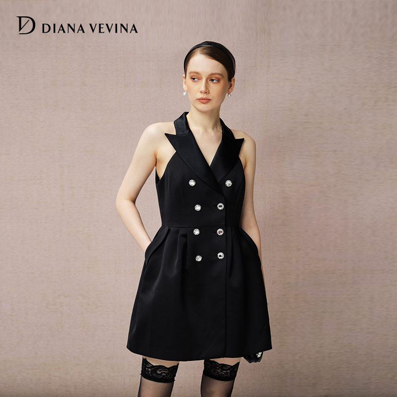DIANAVEVINA2025秋季新款西装领收腰礼服裙无袖蓬蓬连衣裙